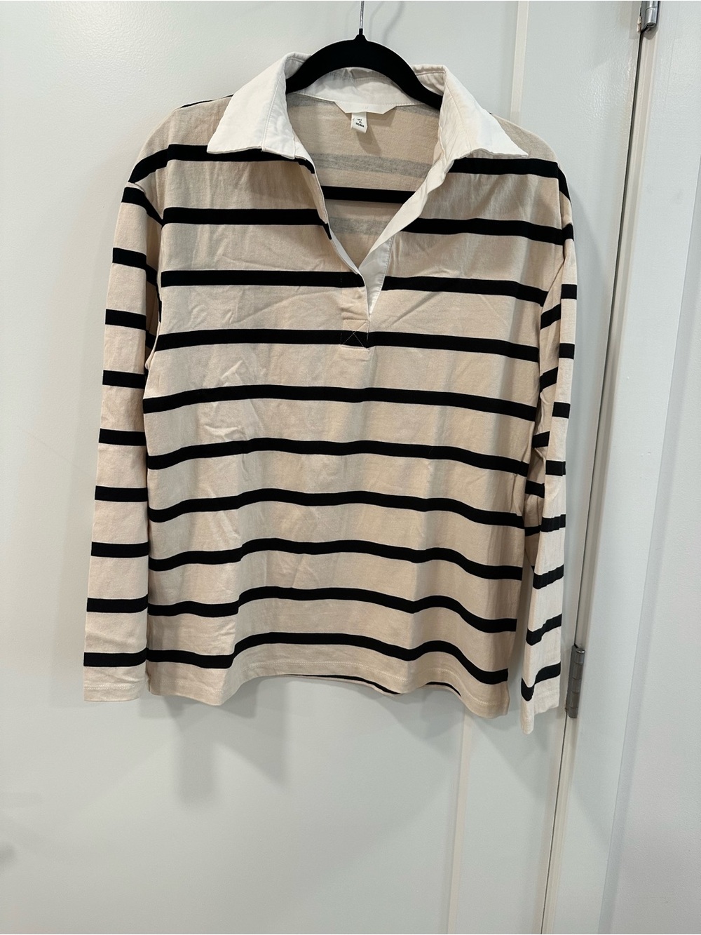 H&M Cream Black Striped Rugby Polo Long Sleeve Size S